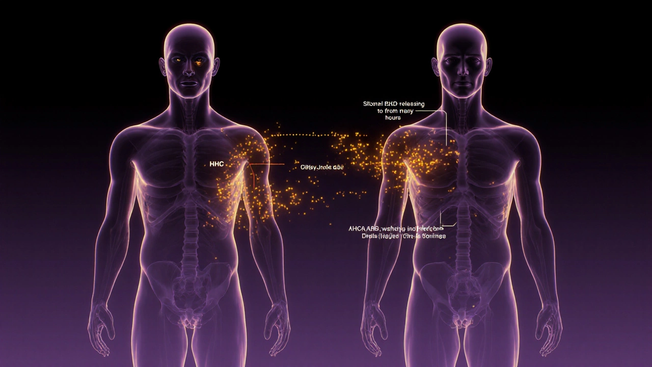 Abstraktní znázornění endokanabinoidního systému s pomalým uvolňováním HHC z tukových tkání a rychlým vylučováním H4CBD.