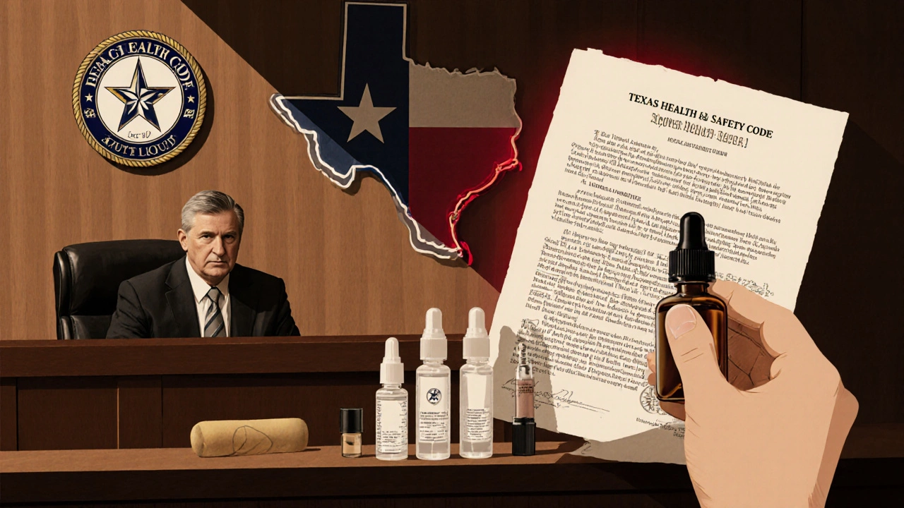 Ilustrace texasního soudního sálu s HHC produkty a symbolem DEA.