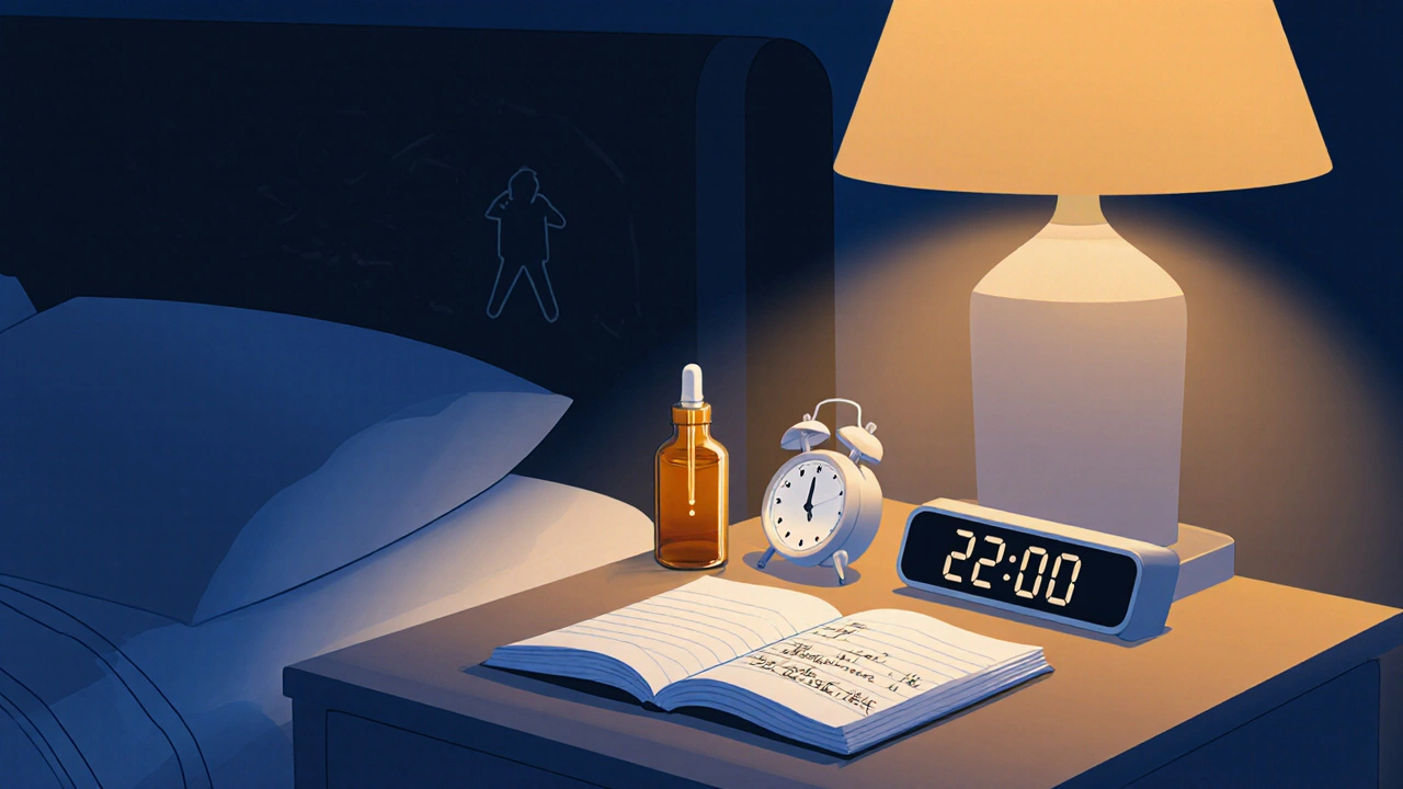 Jednoduchá ilustrace noční postele s CBD kapkou, deníkem a budíkem ukazujícím 22:00.