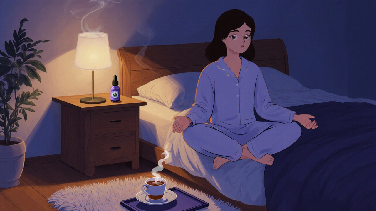 Klidná večerní rituální scéna: meditace, čaj a CBD olej před spaním.