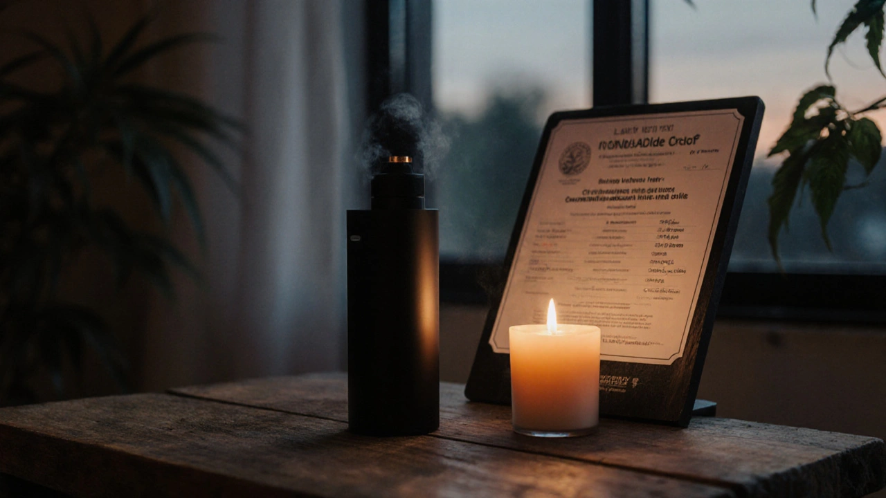 Klidná večerní scéna: vaporizér, certifikát o testech a svíčka na dřevěném stole.