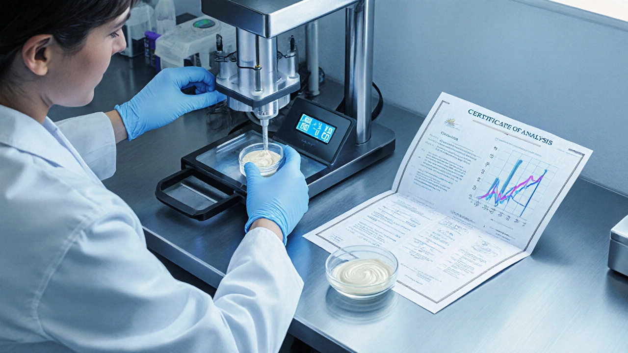 Laboratorní pracovníci testují CBD krém na HPLC, na stole leží certifikát analýzy.
