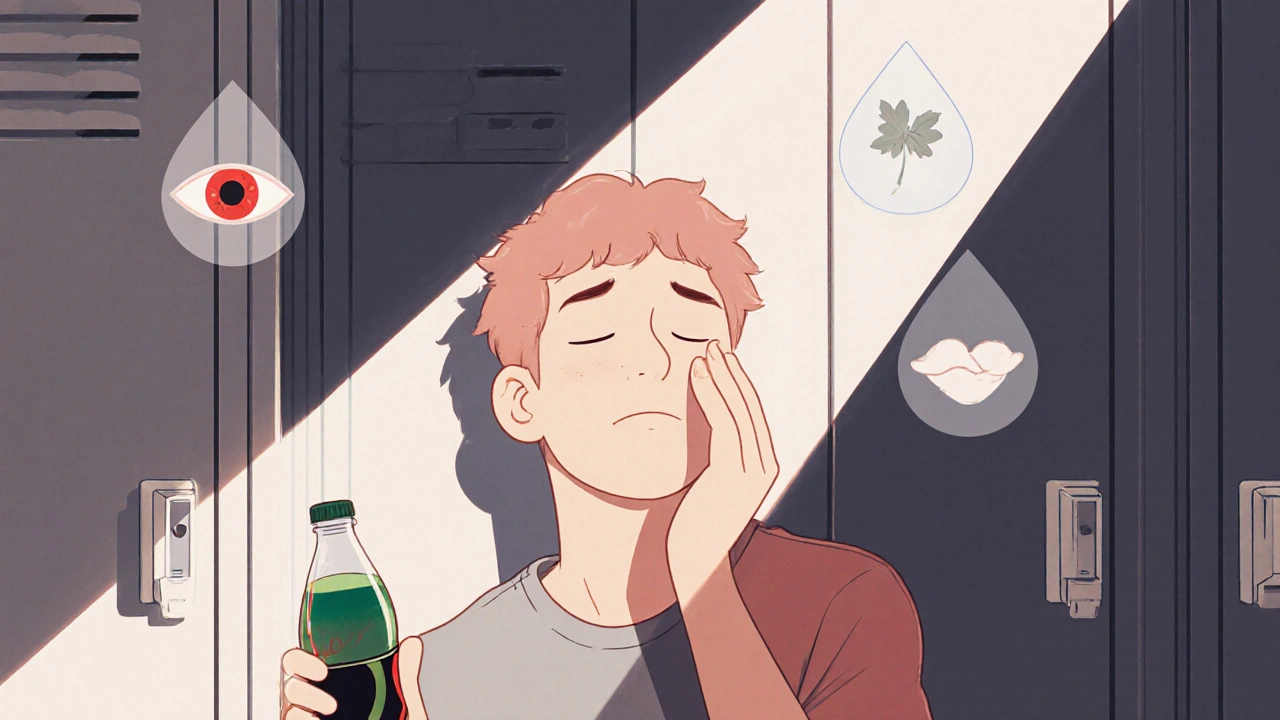 Osoba kontroluje oči a drží nápoj u skříňky, symboly pro známky stonera.