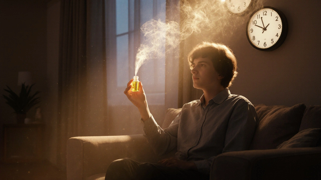 Osoba sedí na gauči ve večerním světle, drží lahvičku HHC, kolem ní se pomalu vznášejí zbytky účinků.