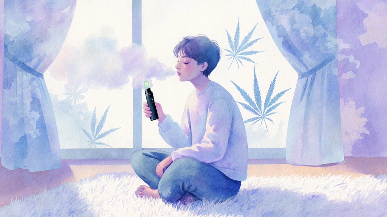 Osoba v relaxovaném prostředí inhaluje z vaporizéru, obklopena jemným modrým světlem.