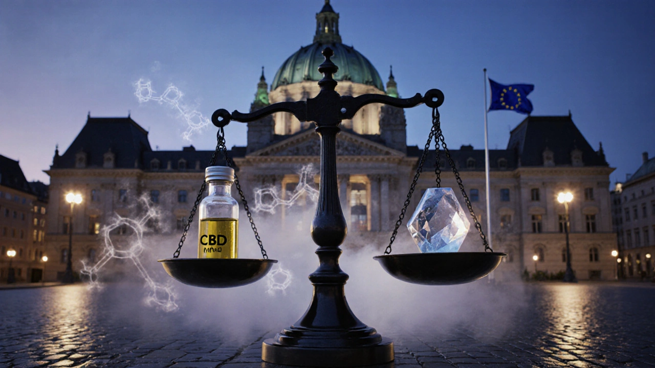 Parlamentní budova s váhami, na jedné CBD, na druhé HHC, pod noční oblohou.