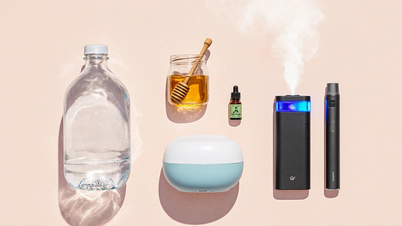 Ploché pořízení vody, medu, eukalyptu, zvlhčovače a vape pera.