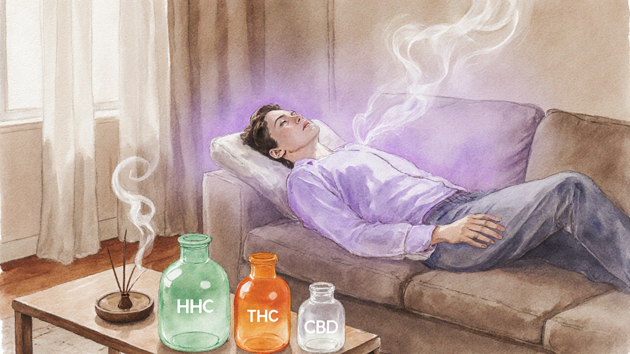 Relaxovaná osoba v domácím prostředí po užití HHC, obklopena jemnými aurami a třemi lahvičkami představujícími HHC, THC a CBD.