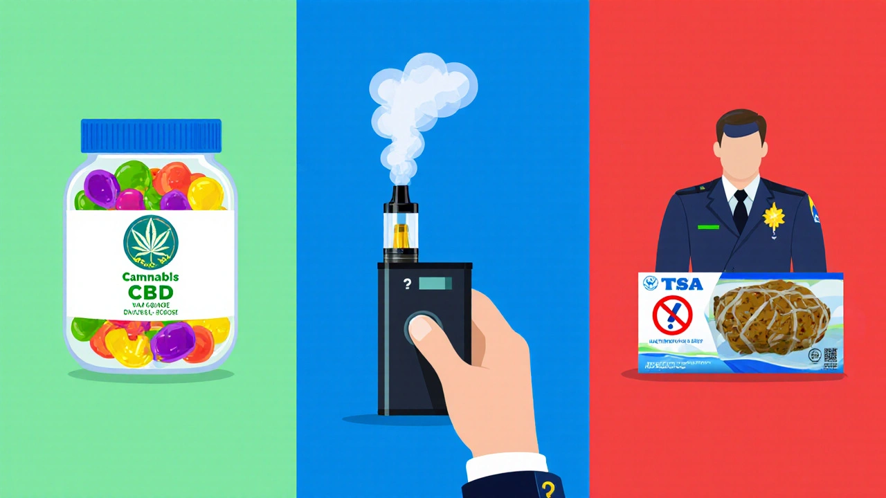 Rozdělený obraz ukazující CBD gummies, HHC vape a THC edibles před TSA kontrolou.