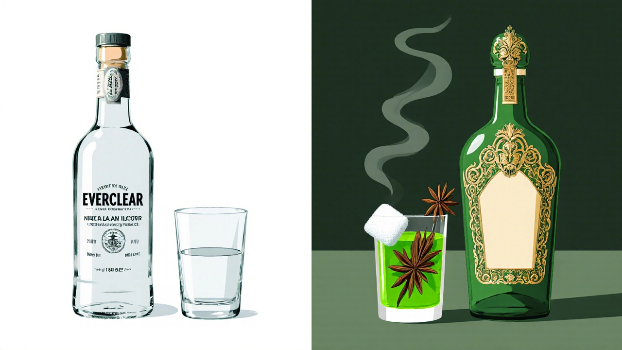 Vedle sebe Everclear a absint, ukazující rozdíly v alkoholu a složení.
