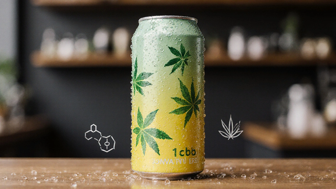 Zlatozelená lahev s mátovými motivy a kapkami rosy.