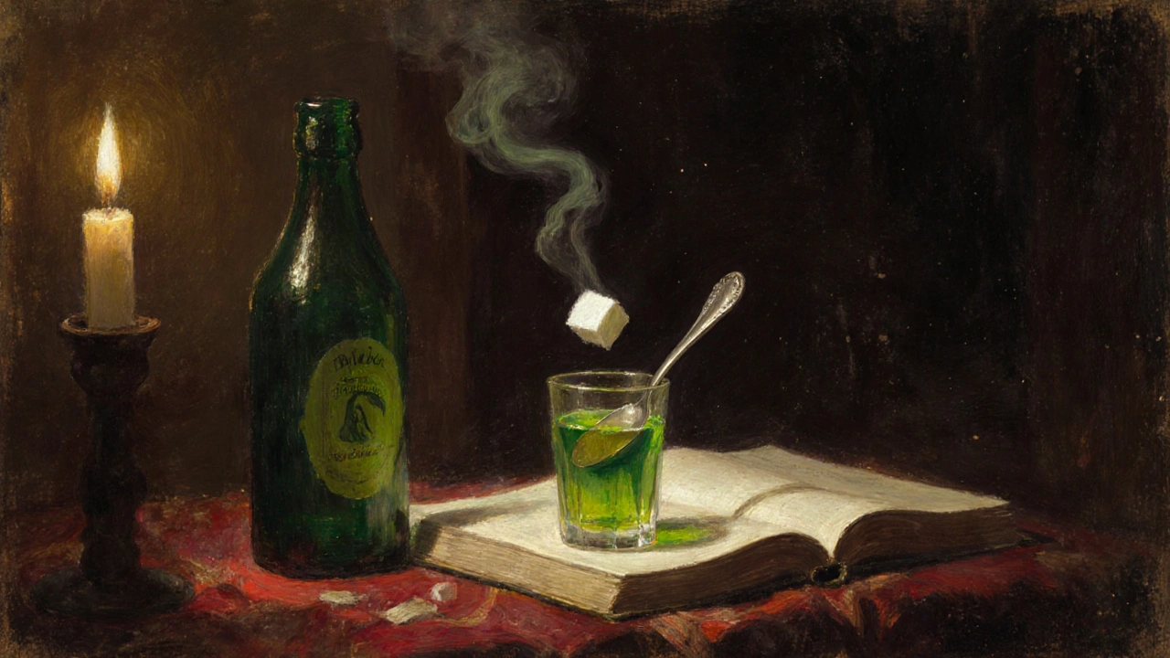 19. století: zelený absint s lžící a cukrem na stole v ateliéru umělce.