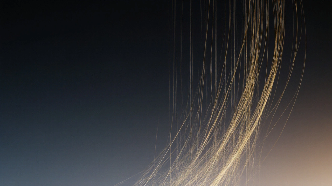 Abstraktní obraz klidné mysli s pomalu plujícími zlatými vlákny v temné atmosféře.