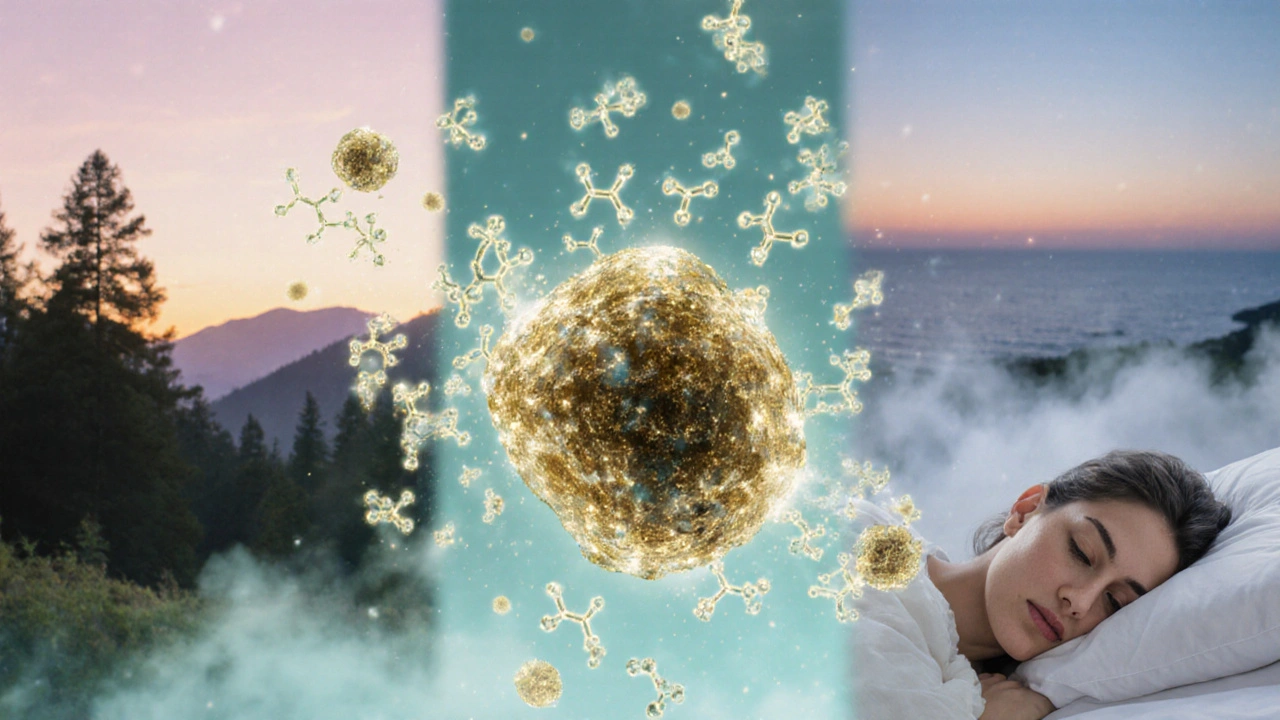 Abstraktní proud terpenů kolem hashu v klidném, dreamlike prostředí.