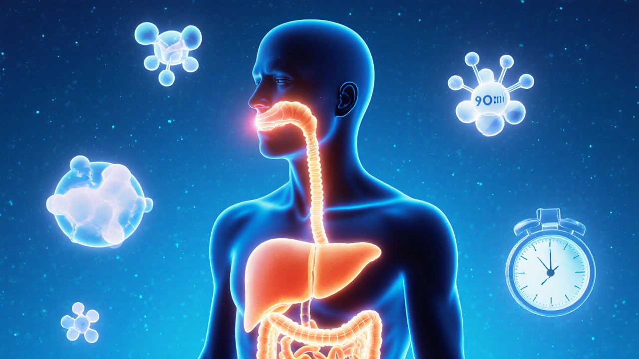 Abstraktní silueta těla s cestou CBD z úst k játrům, symbolizující pomalé vstřebávání.