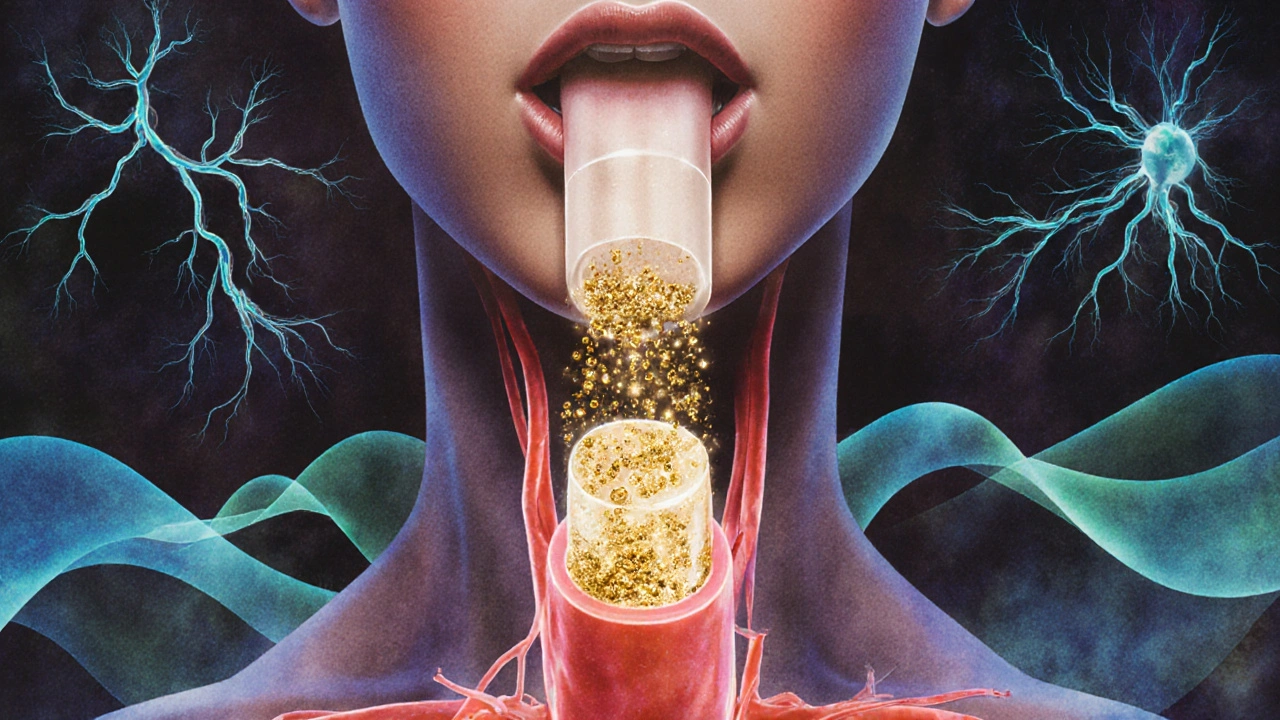 Abstraktní znázornění CBD molekul vstřebávaných ústní sliznicí.