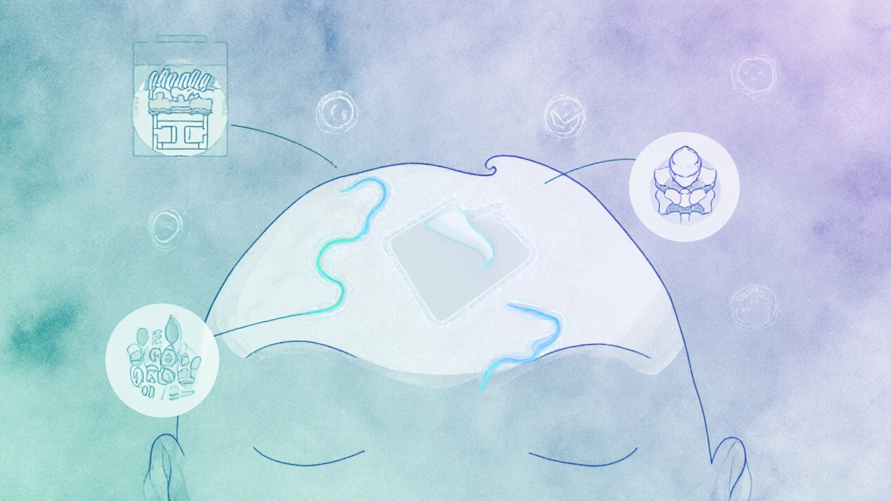 CBD náplast na čele s grafickým znázorněním pomalého pronikání do kůže.