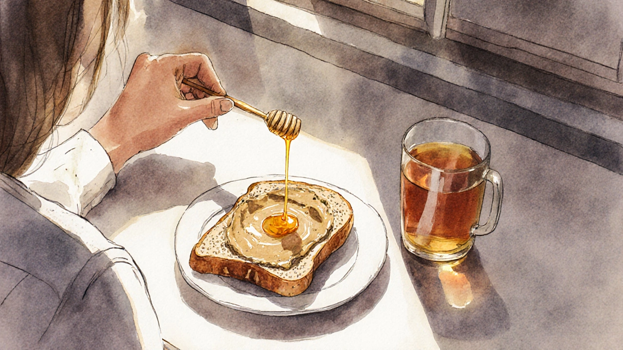 Chléb se konopným máslom a medem s šálkem bylinného čaje na slunném stole.