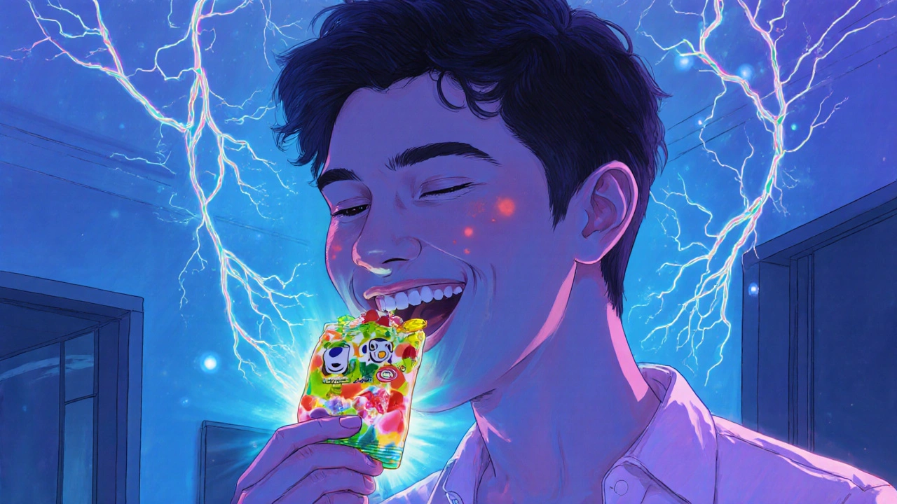 Člověk jedí HHC gummy, kolem něj svítí symboly blokování bolesti.