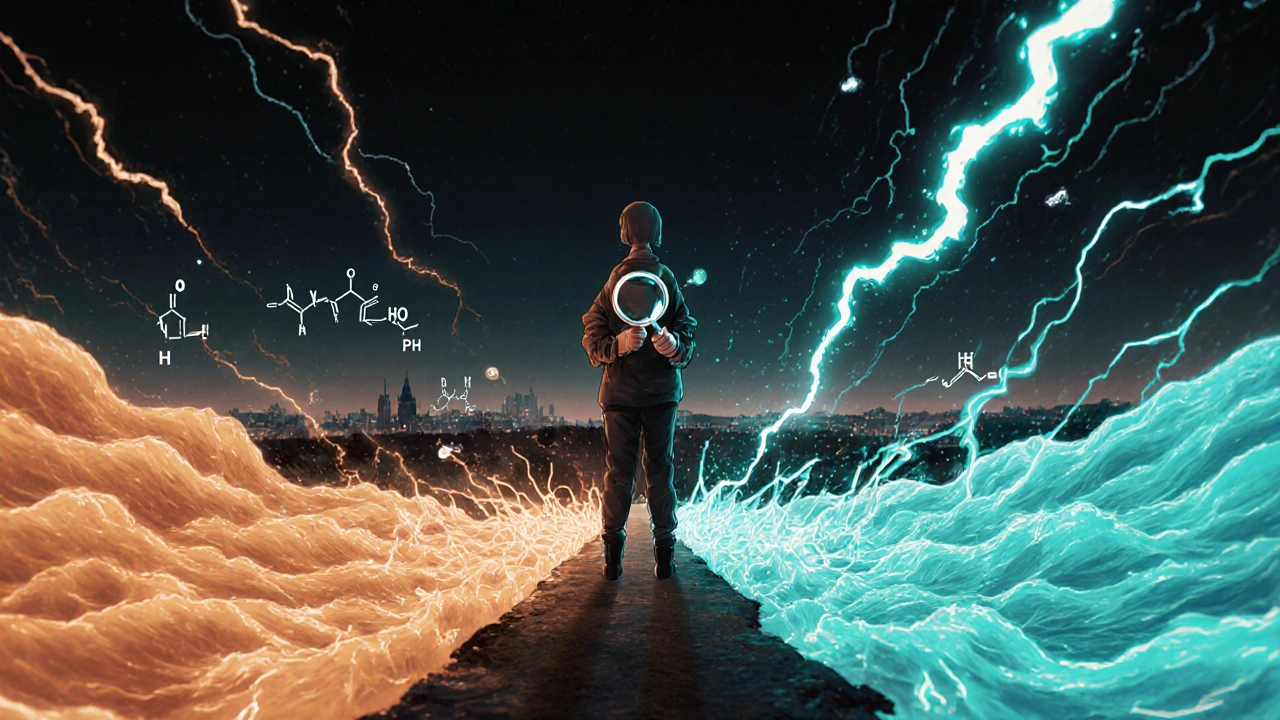 Člověk stojí mezi klidnou a bouřlivou cestou, představující HHC-O a HHC-P.