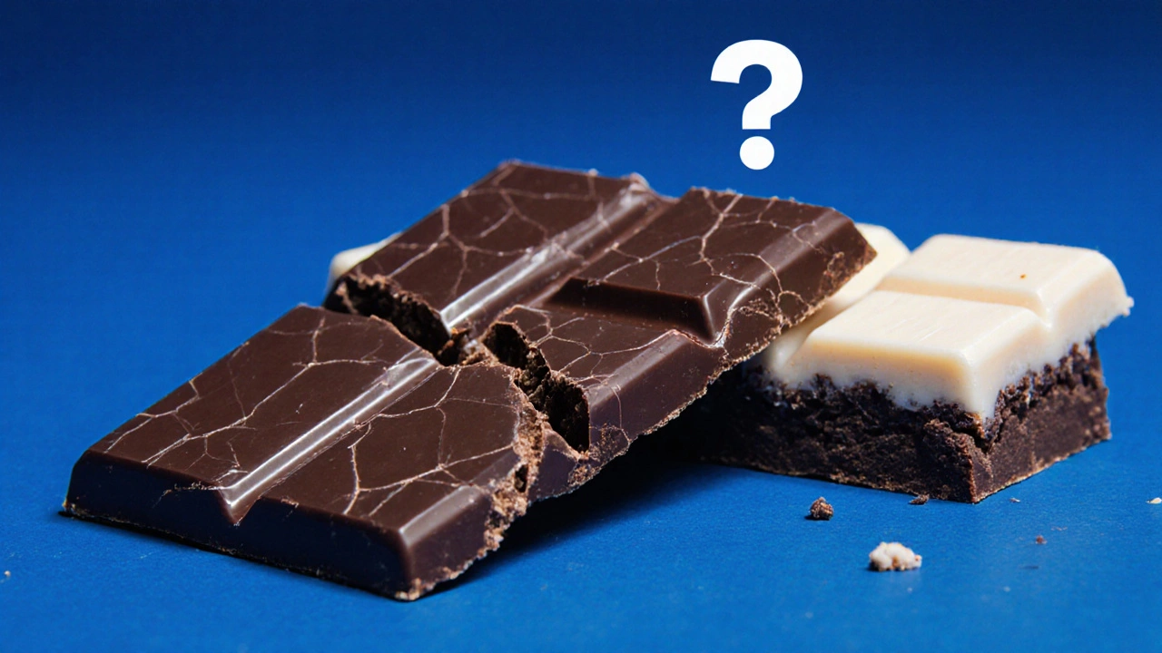 Dokonale ztvrdlá cannabis čokoláda vedle zkažené s bílými skvrnami.