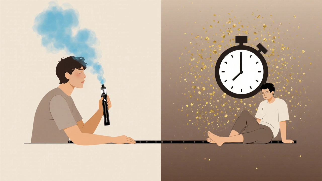 Dva časové průběhy účinku HHC: rychlý vdech vs. dlouhodobý účinek po požití.