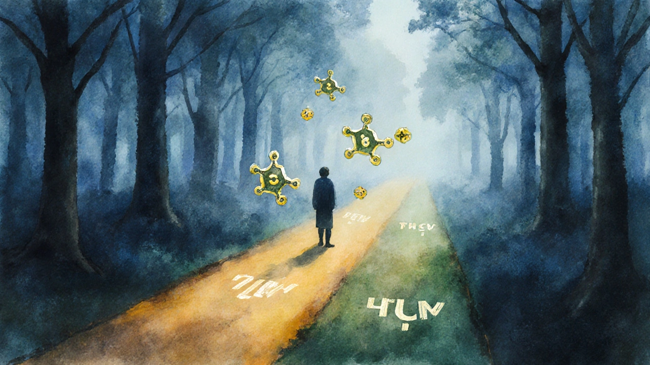 Dvě cesty lesním městem: jedna s teplým zářením delta-8, druhá s přirozenou zelení THCV, postava stojí na rozcestí.