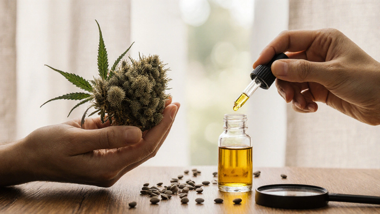 Dvě ruce drží sušenou konopnou květenství a kapku CBD oleje na dřevěném stole.