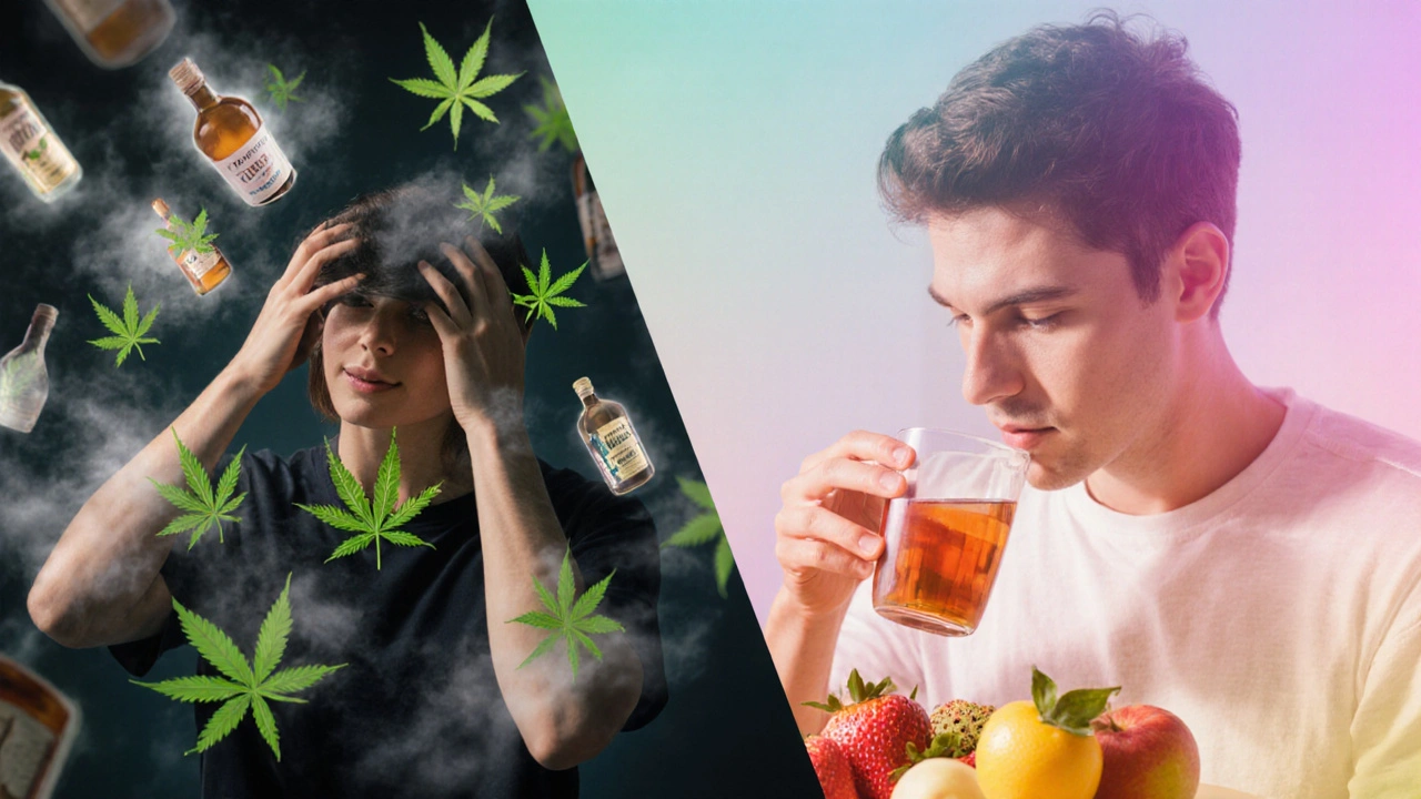 Dvě scény: jedna s nevolností z kombinace alkoholu a HHC, druhá s klidným pitím bylinného čaje.