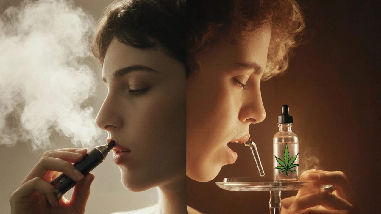 Konceptuální obraz dvou způsobů podávání CBD: vdechování páry a podání pod jazyk.