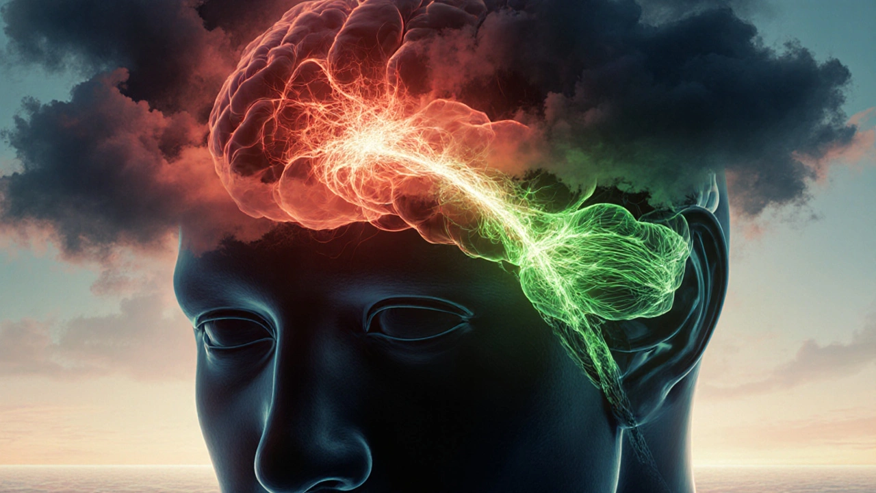 Konceptuální obrázek mozku s dvěma cestami: chaos THC a klid CBD se sluncem.