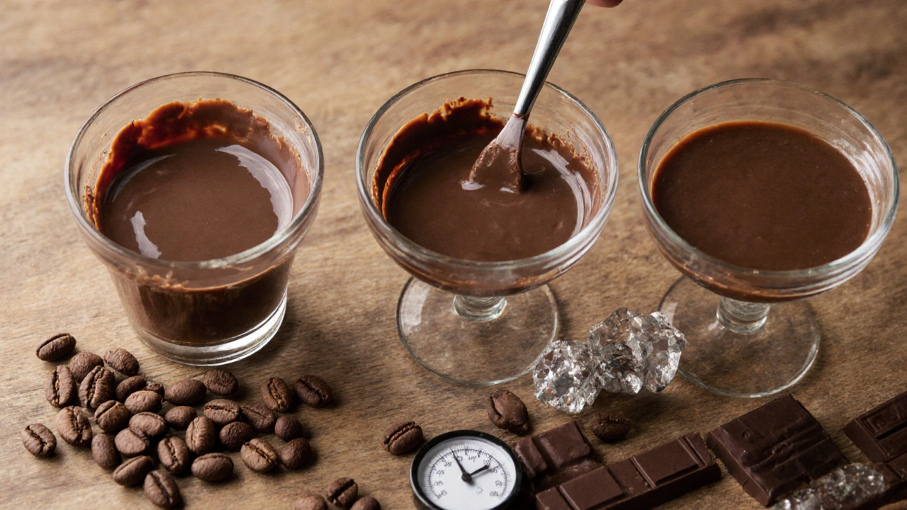 Kroky temperování čokolády ve třech skleněných míškách.