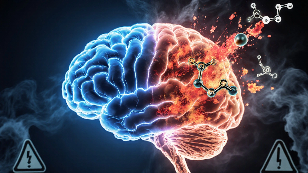 Květovitý náčrt mozku s jednou klidnou a jednou chaotickou polovinou symbolizující CBD a Delta-8.