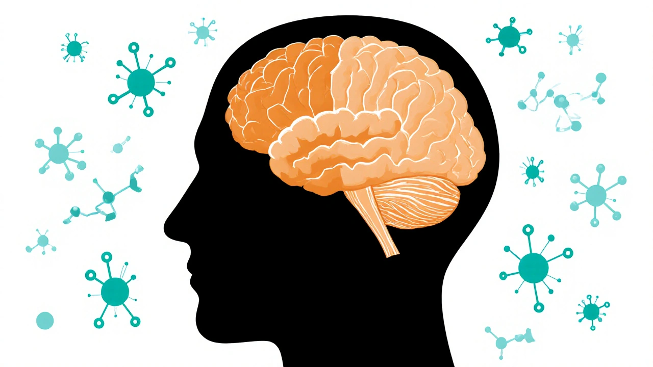 Lidský mozek s polovinou vyvážené neuronové aktivity a polovinou přetížené, obklopen molekulami kanabinoidů.