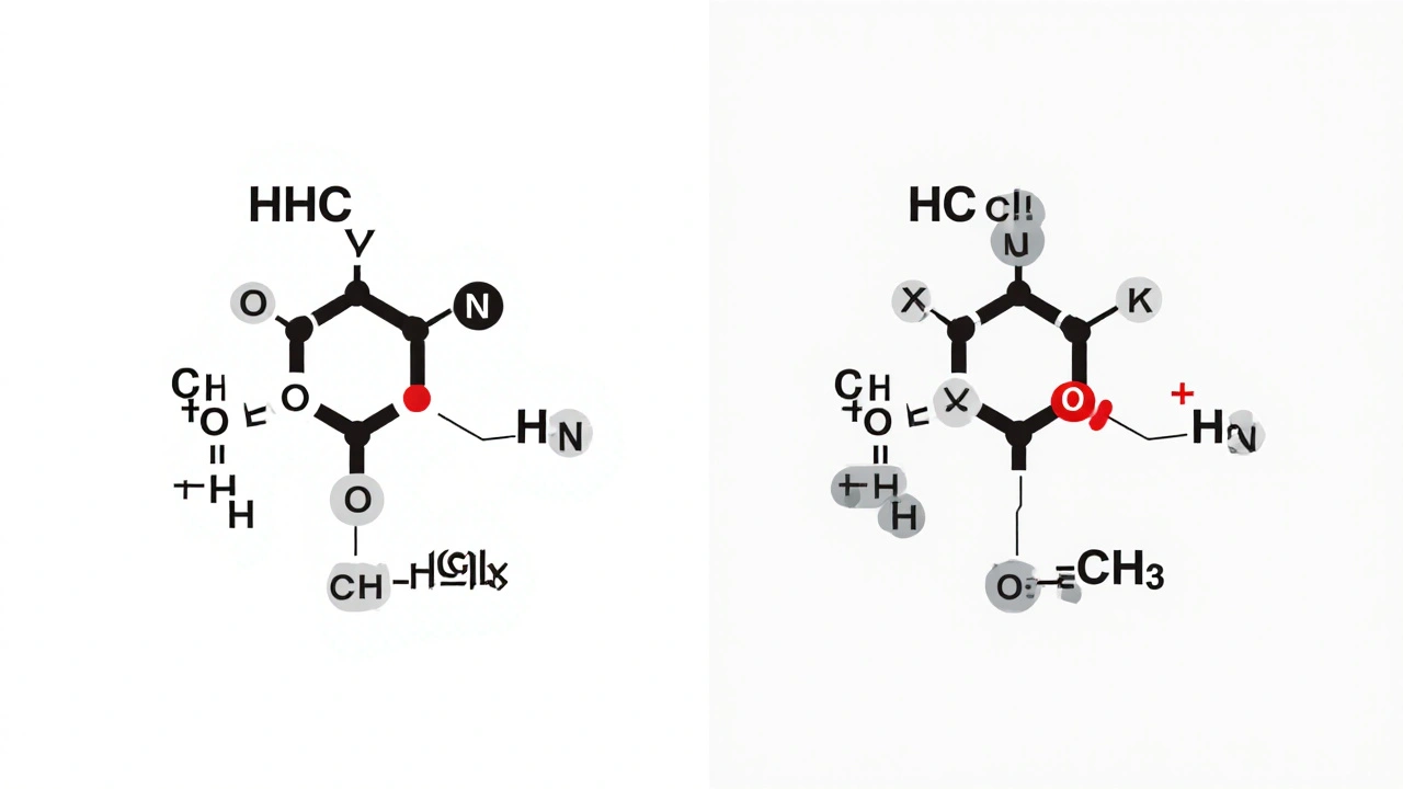 Molekulární struktura HHC a HHC-O v minimalistickém vektorovém stylu s barevně kódovanými atomy.