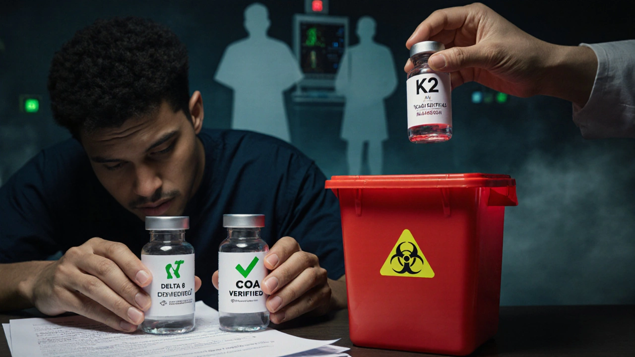 Muž drží Delta 8 s certifikátem, K2 padá do kontejneru s nebezpečným odpadem.