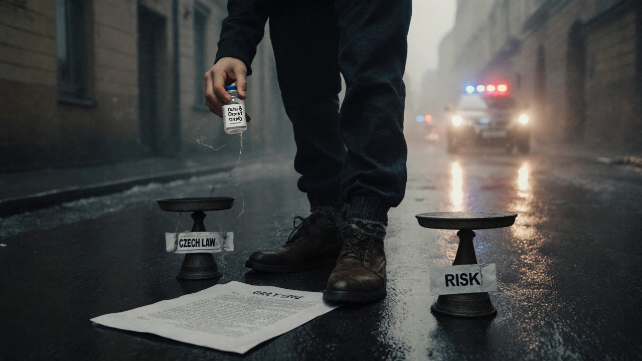 Muž drží vial s Delta-8 a stojí na hranici právního šedého pásma, v pozadí policejní světla.