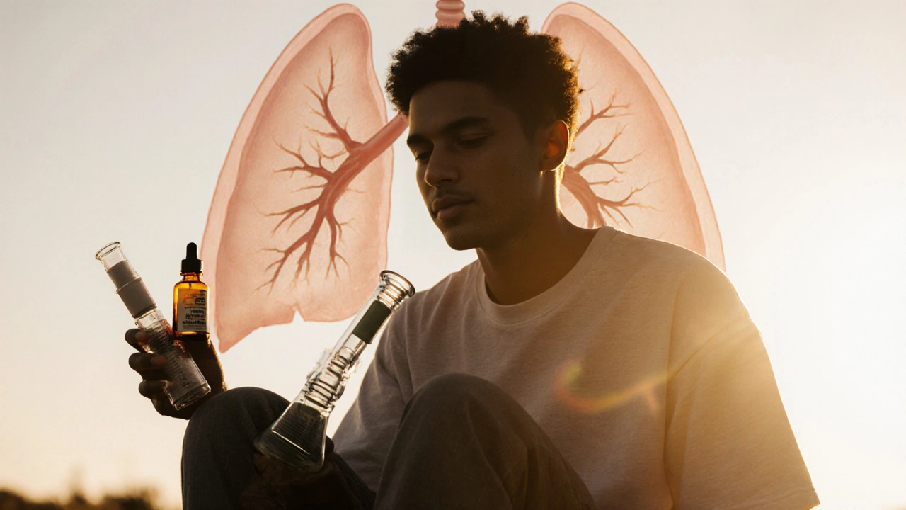 Osoba drží CBD olej a opuštěný bong, s náznakem obnovy plic v pozadí.
