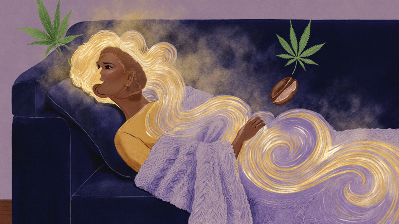 Osoba klidně ležící na pohovce, obklopená jemnými zlatými a fialovými vlnami, symbolizujícími hlubokou relaxaci.