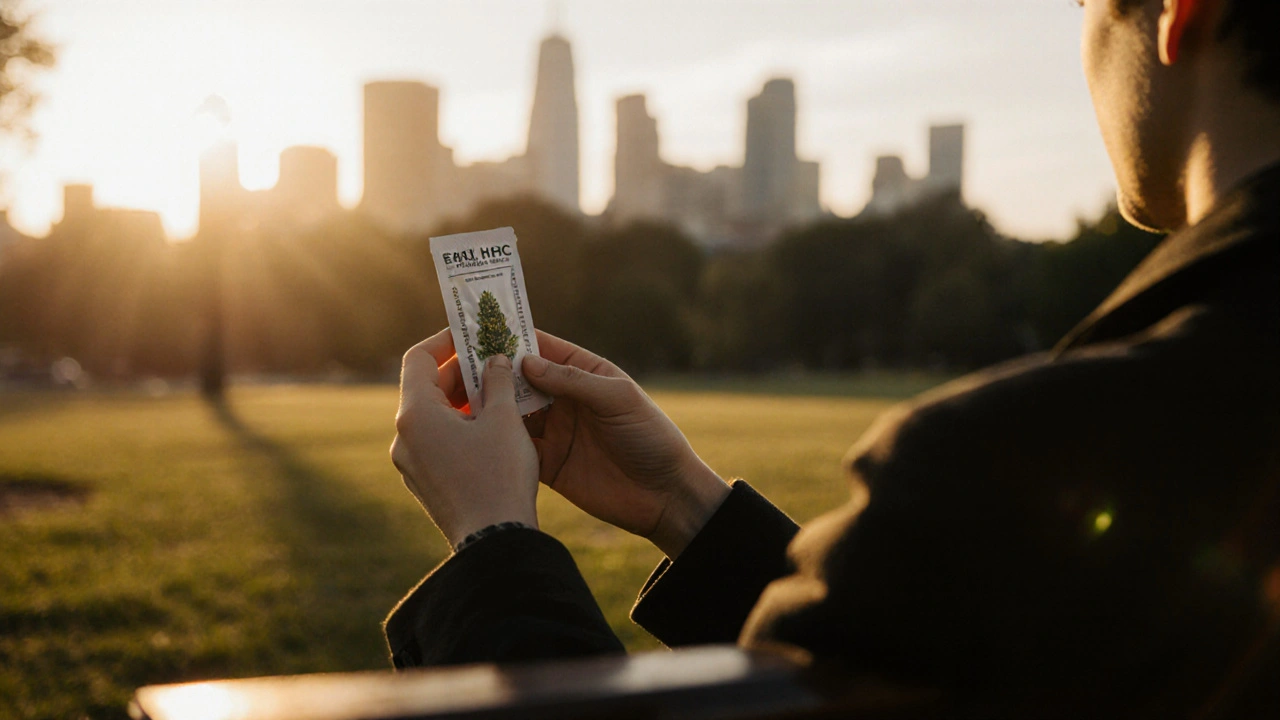 Osoba na lavičce v soumraku drží balíček HHC edibilu, pozoruje ho s přemýšlením.