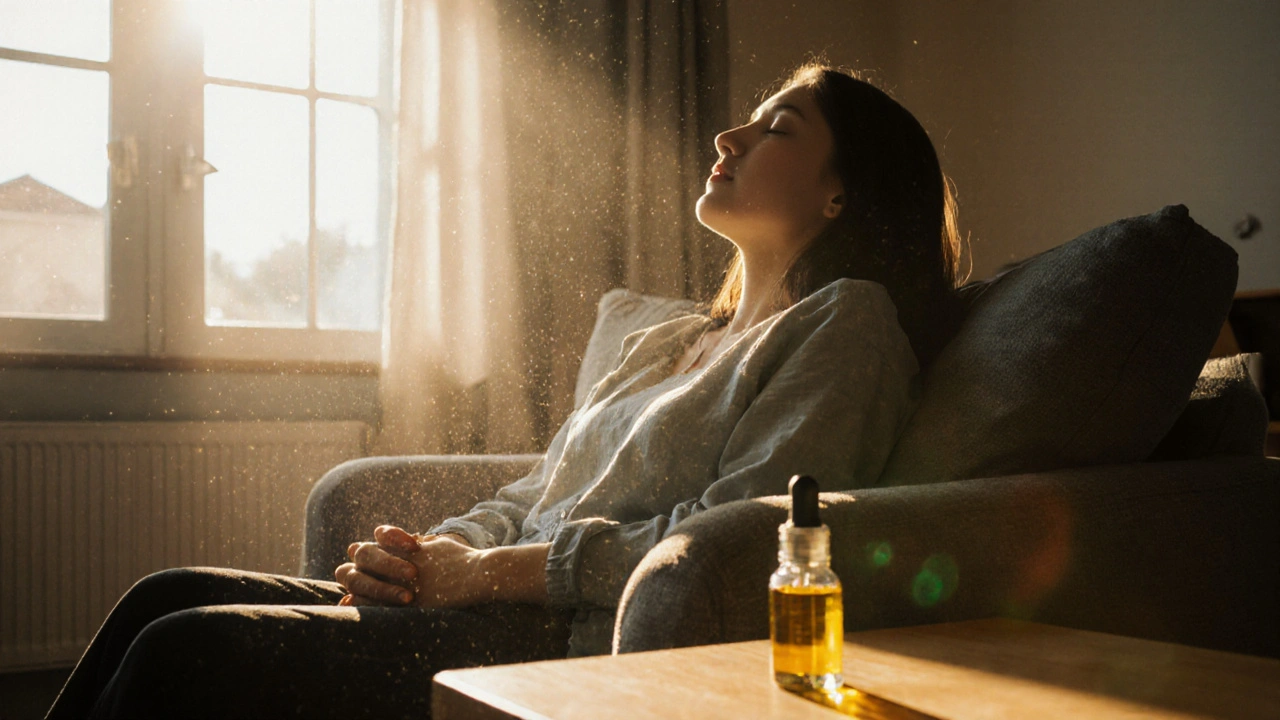 Osoba sedí klidně ve slunečném pokoji s lahvičkou CBG, cítí se uvolněná.