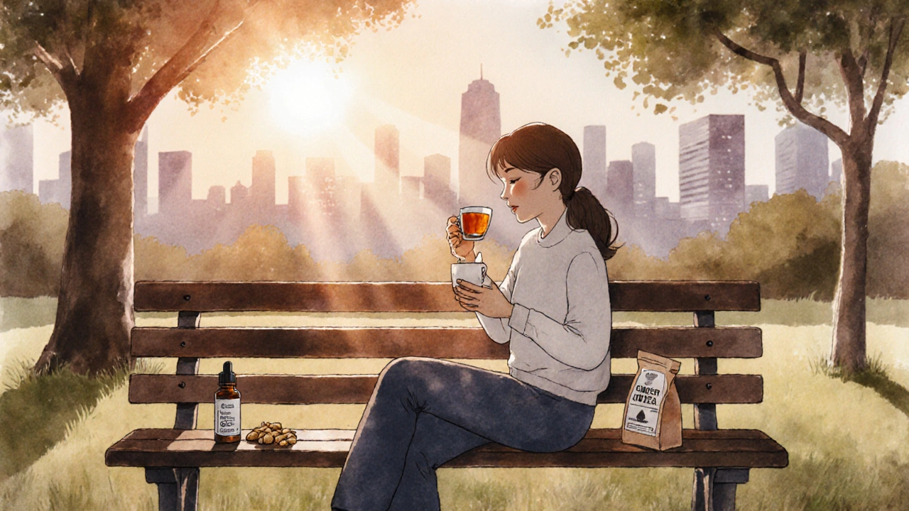 Osoba sedí na lavičce na slunci s čajem zázvoru, klidná ranní scéna.