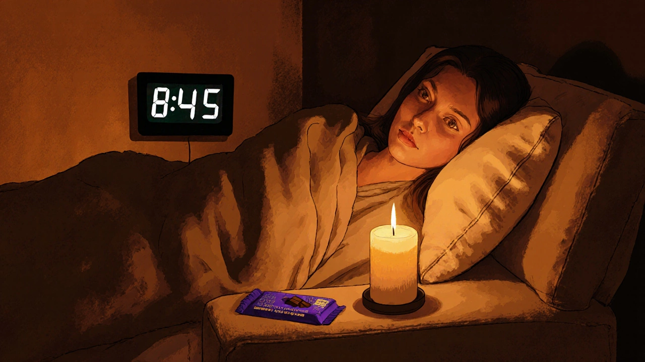 Osoba si odpočívá večer na sofě s CBD čokoládou a svíčkou.