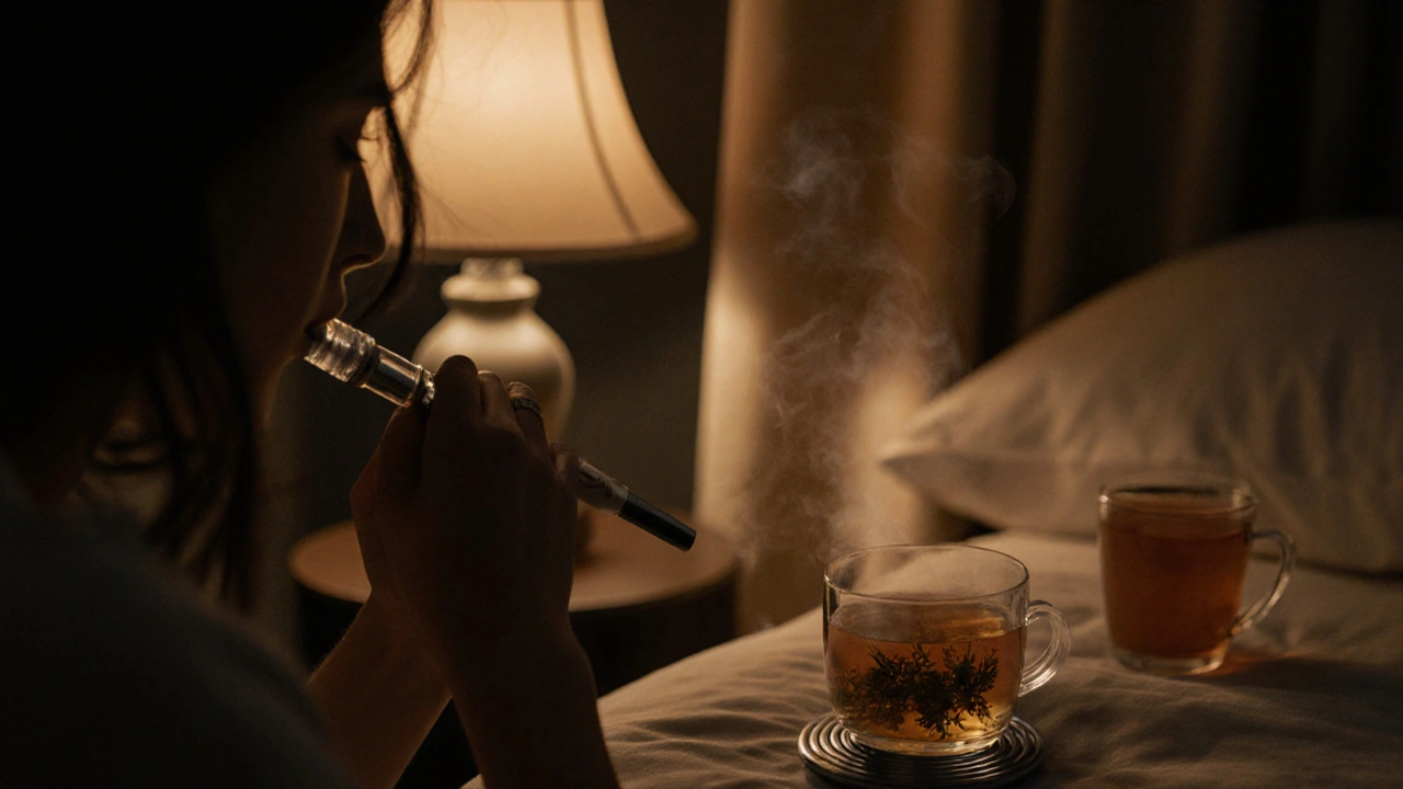 Osoba v klidném prostředí vdechuje páru z Crumbl extraktu pomocí skleněného zařízení večer.