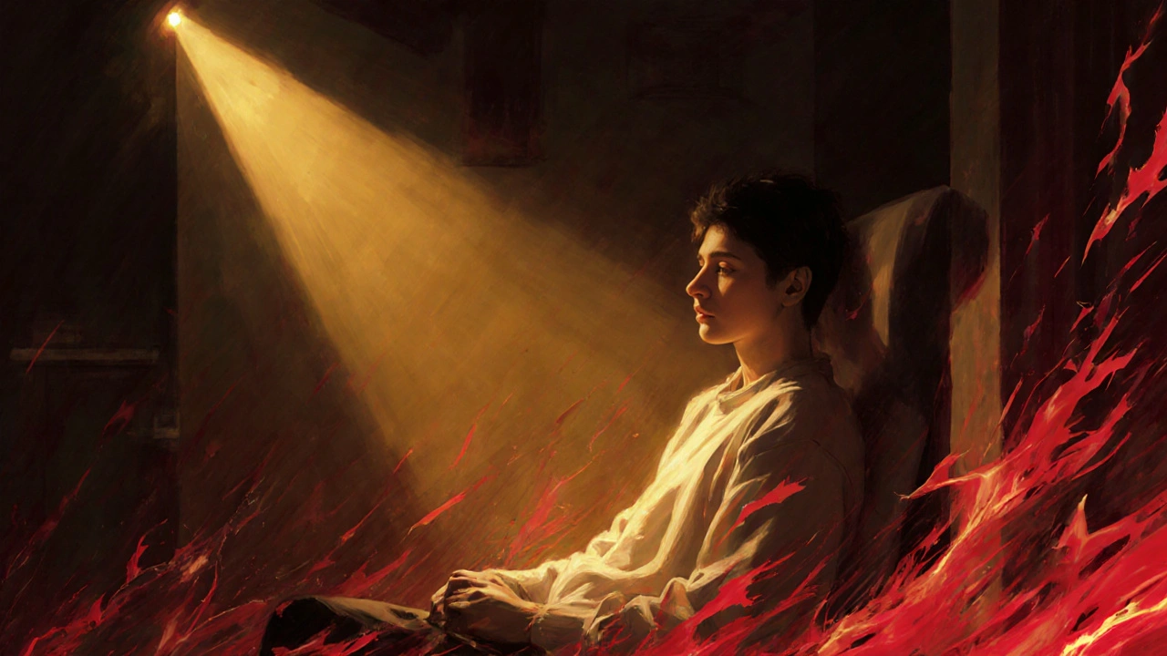 Osoba v klidu osvětlená zlatým světlem, zatímco kolem ní víří rudé energie znázorňující THCP.