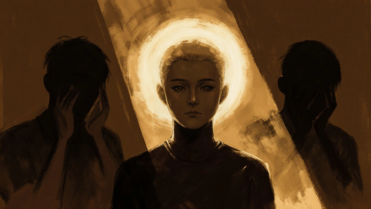 Osoba v klidu v tmavé místnosti s teplým zářivým zážitkem HHCO.