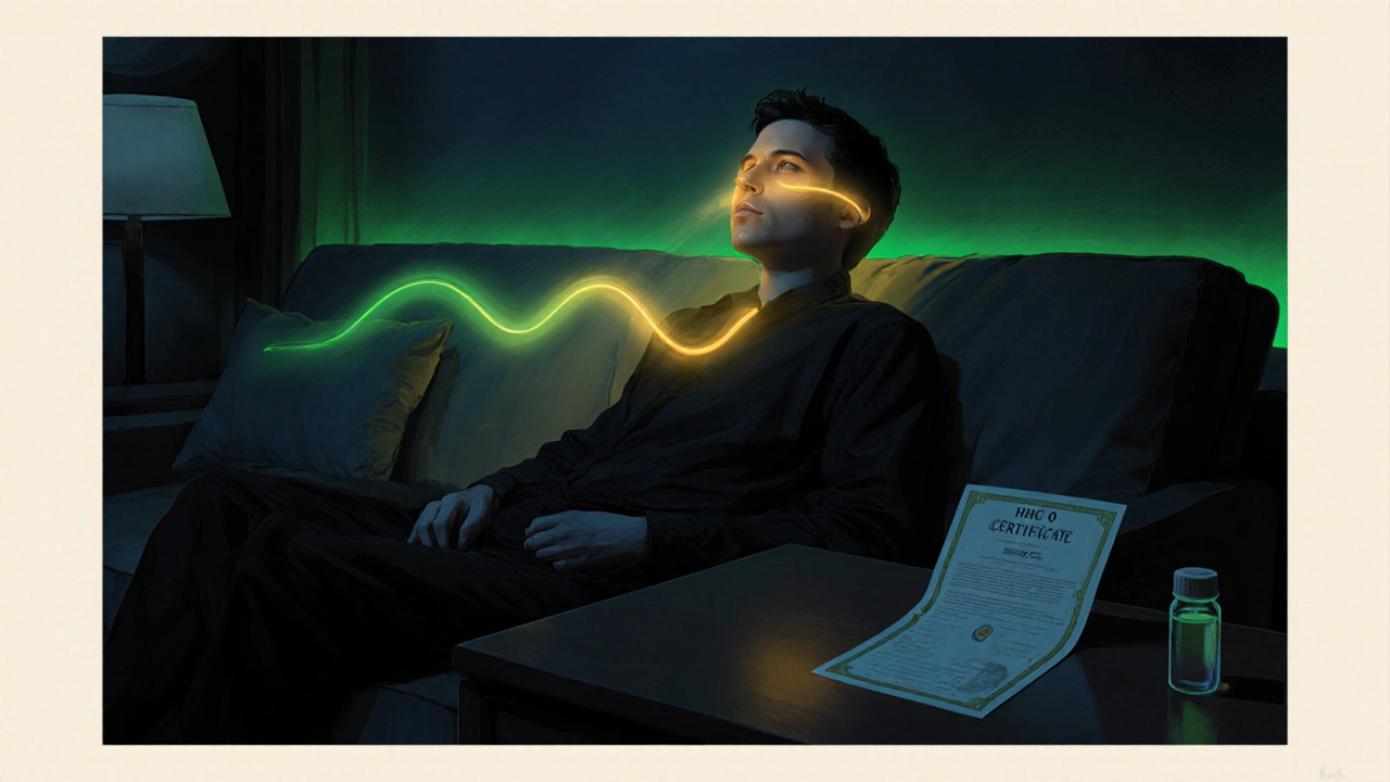 Osoba zažívající účinek HHC-O s jemným zlatým zářením v temeni