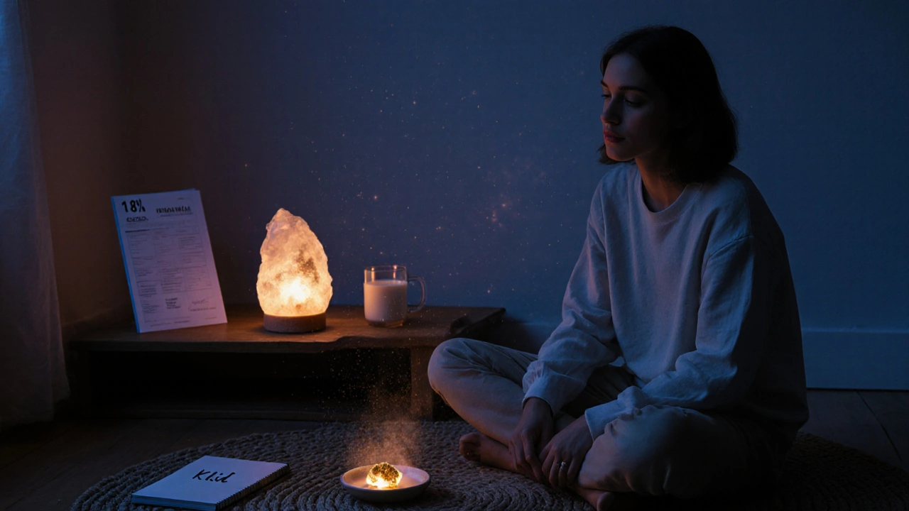 Pokoj v soumraku s člověkem meditujícím a teplou šálkem mléka s medem.