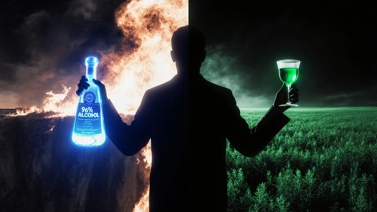 Postava drží láhev spirytusu a absintu, pozadí rozděleno na ničivý a klidný svět.