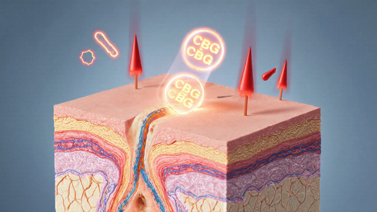 Přehled pokožky s CBG molekulami, které podporují regeneraci kolagenu a potlačují zánět.